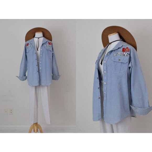 Vintage 80s/90s Blue Denim Embroidered Shirt Shacket |‎ size M - Picture 1 of 10
